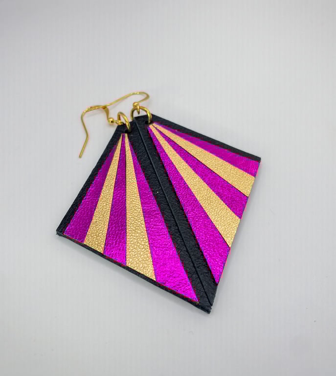 Art Deco inspired pink and gold Triangle leather earrings, metallic gold and pin