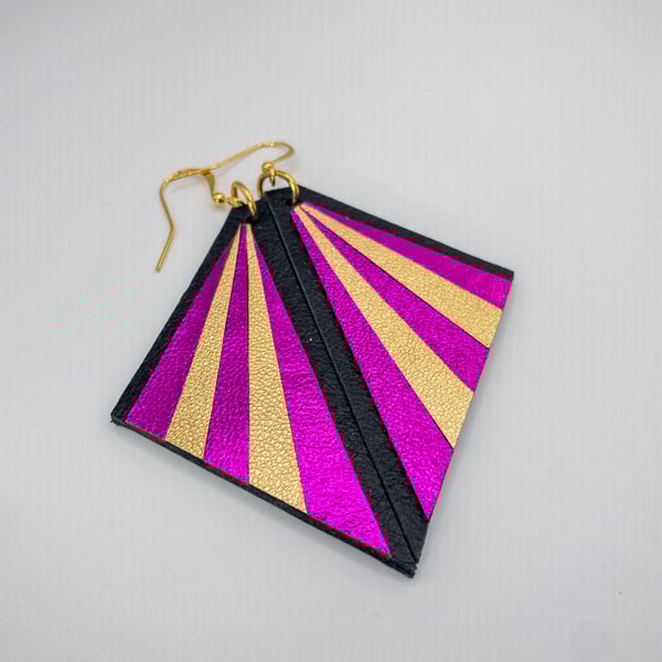 Art Deco inspired pink and gold Triangle leather earrings, metallic gold and pin