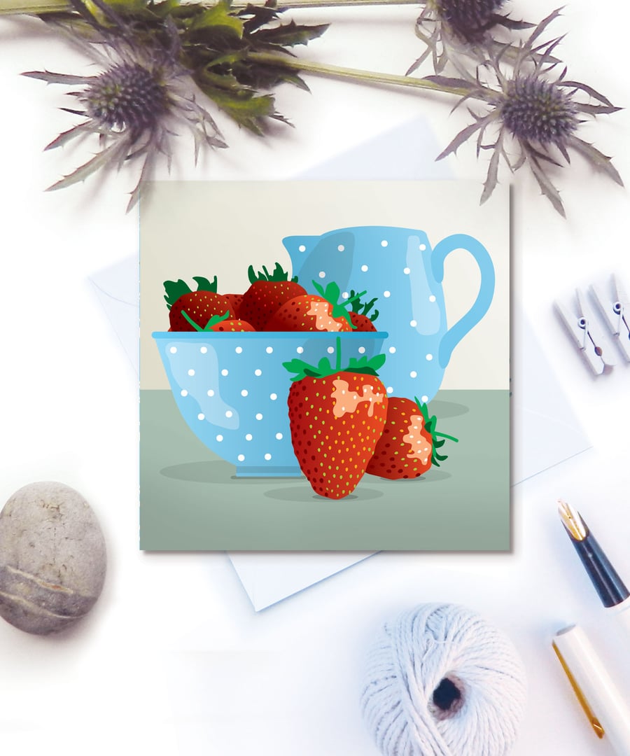 Strawberries and Cream Greetings Card - Summer, birthday, blank