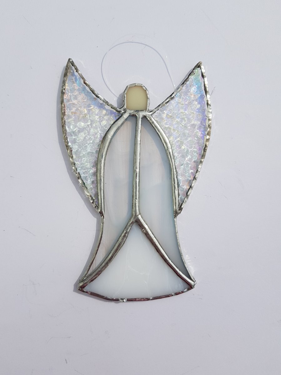 291 Stained Glass Large White Angel - handmade hanging decoration.