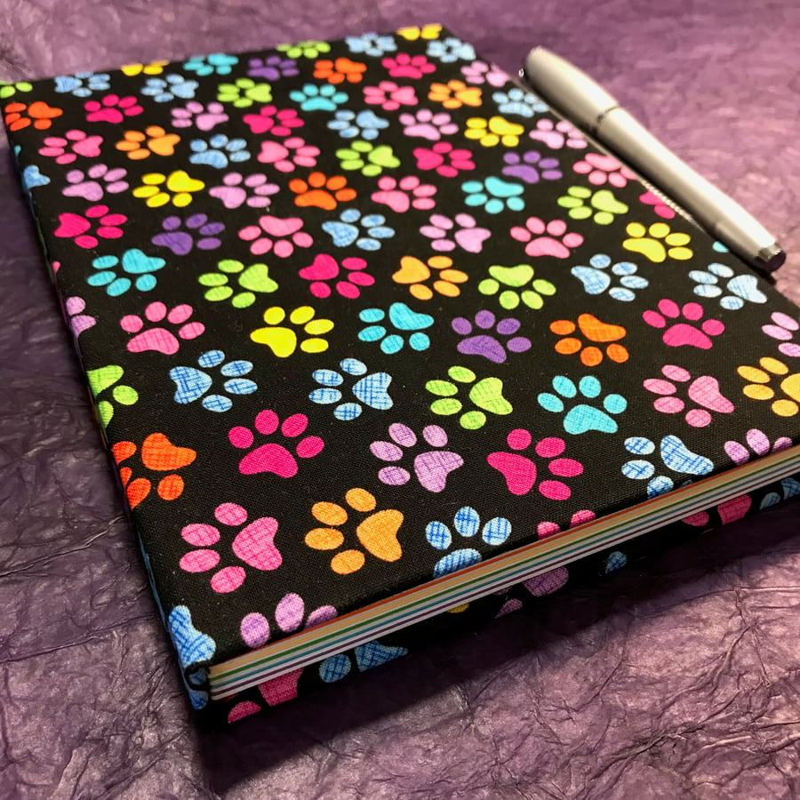 A5 Notebook with full cloth colourful paw print cover