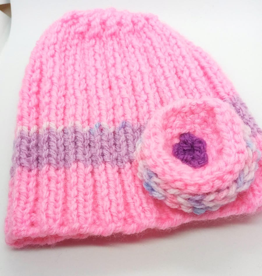 Girls Pink Ribbed Hat with Flower Decoration, Child's Winter Hat, Knitted Hat
