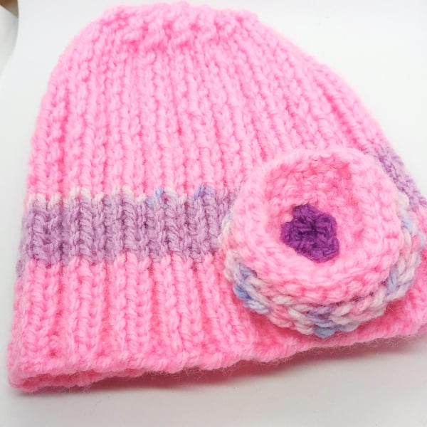 Girls Pink Ribbed Hat with Flower Decoration, Child's Winter Hat, Knitted Hat