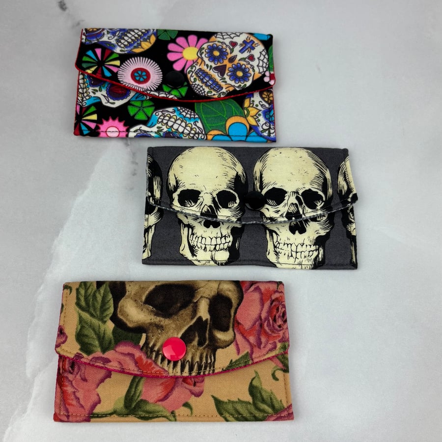 Skulls card case, Gothic travel pass holder, 3 options, Handmade