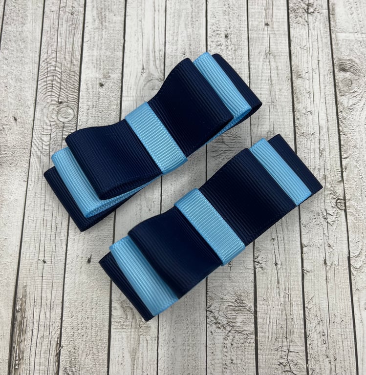 Navy and Light Blue 3 inch Straight Bows on Clips (pair)