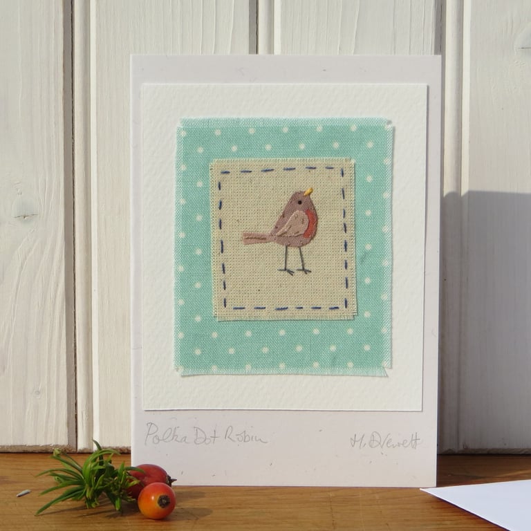 Polka Dot Robin hand-stitched card - detailed miniature, keepsake