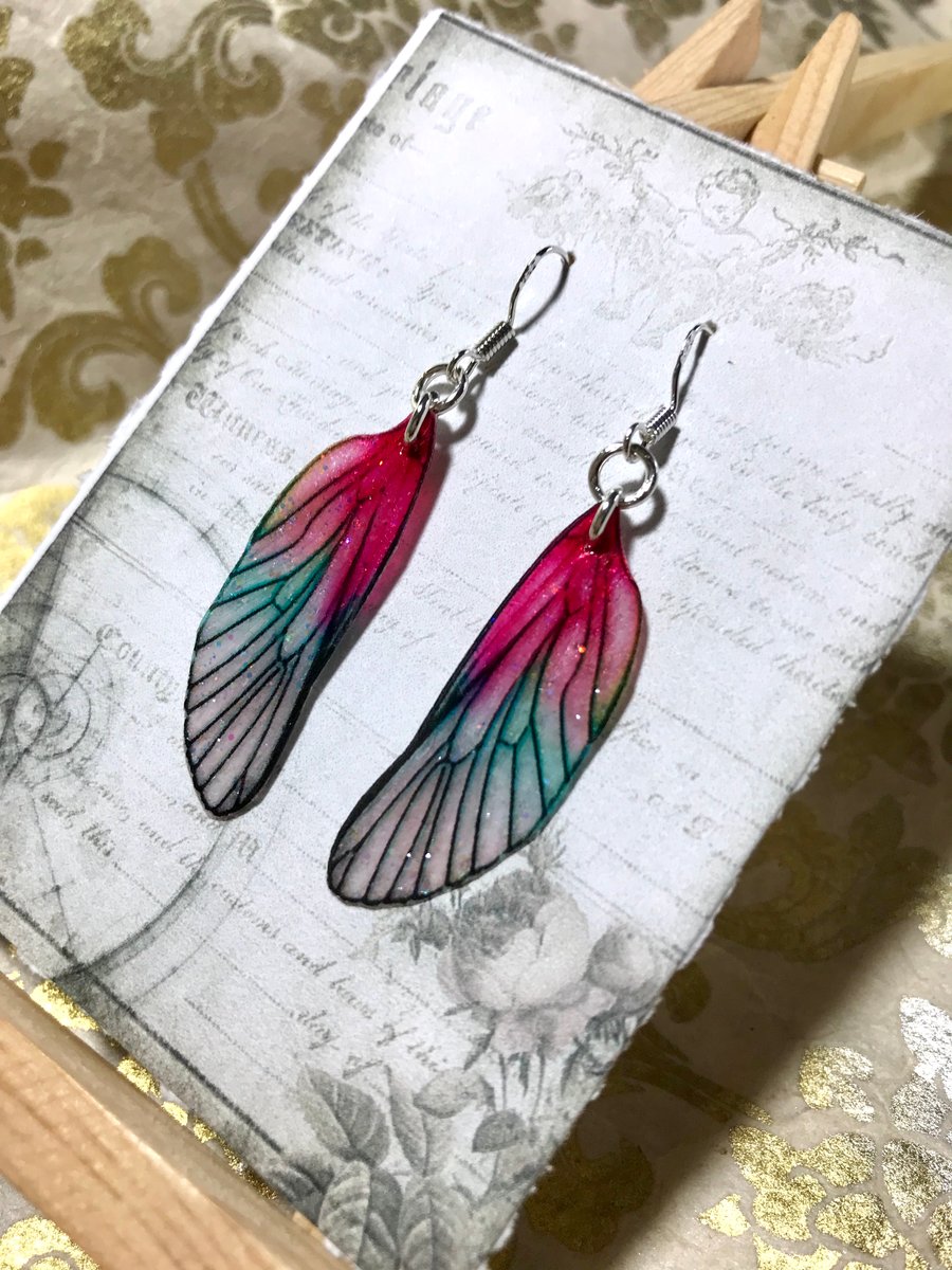 Dark Pink Green Sterling Silver Fairy Wing Earrings