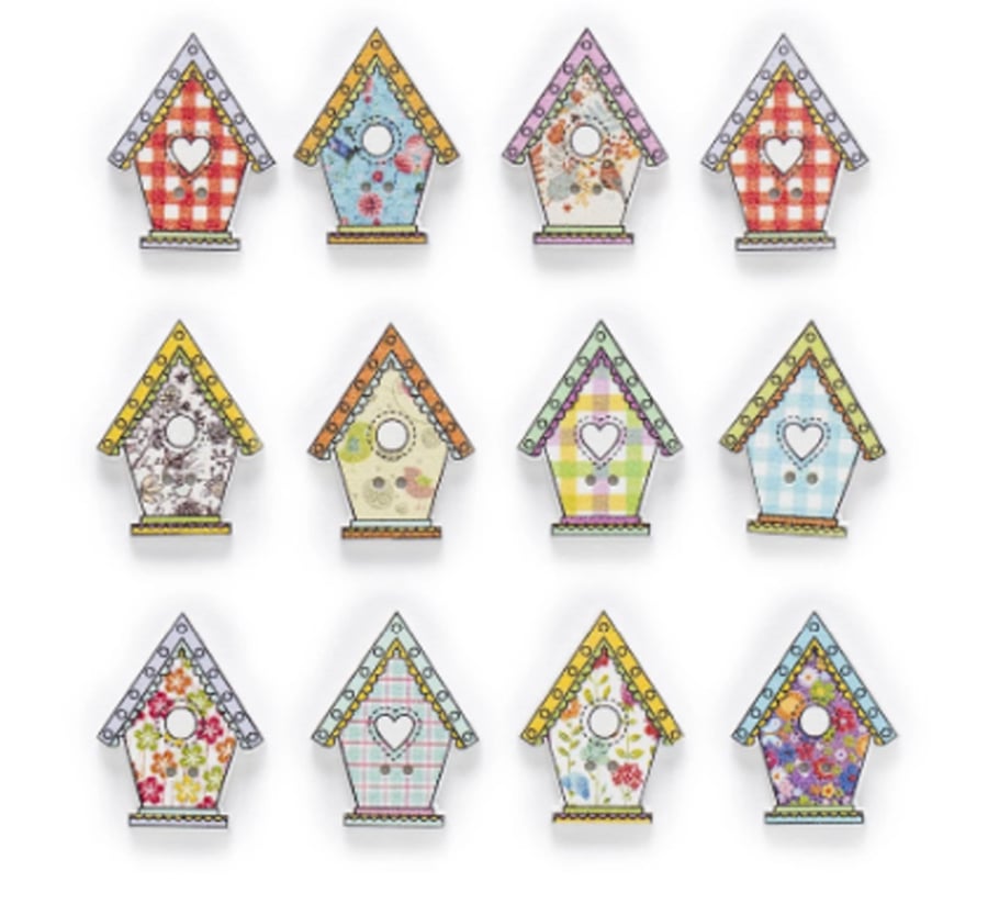 Bird Box buttons, pretty colourful wooden buttons, Crafts, sewing, x 10
