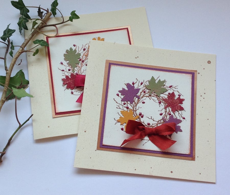 GREETINGS CARDS   ( pack of 2  , blank ) ' Autumn Wreath'