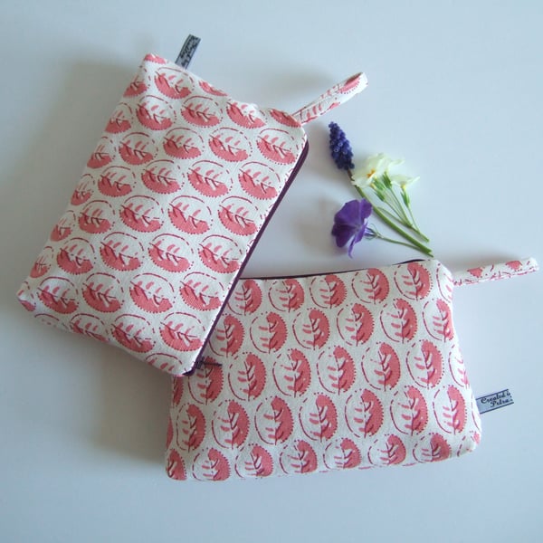 Sale Toiletries or make up bag in a hand printed style of pink leaves.