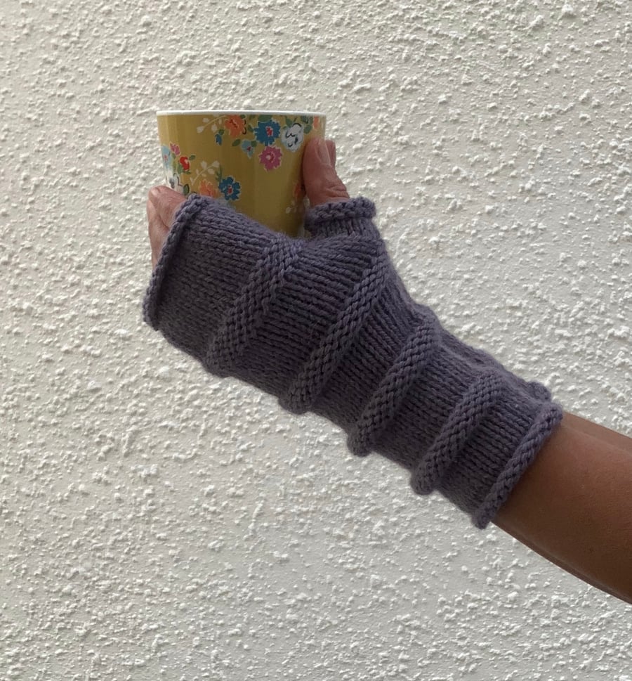 FINGERLESS MITTS , wristwarmers .'Tamar Valley'  Alpaca,wool. Dusky purple.