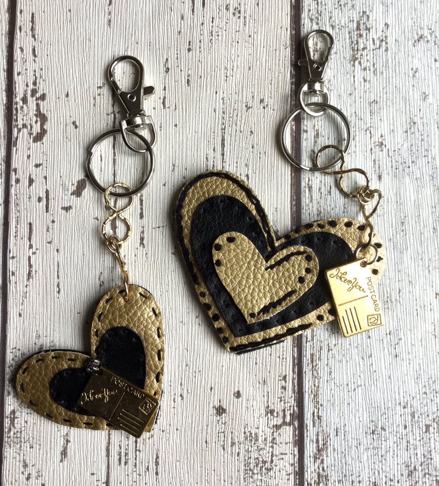 Set of 2 Gold & Black Faux Leather Heart Bag Charms
