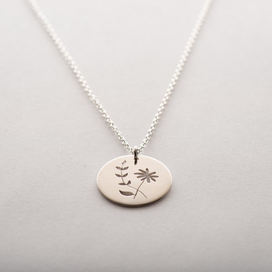 Hand Sawn Sterling Silver Flower and Leaves Necklace