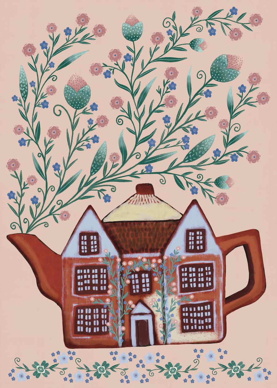 Cottage Teapot,  blank greetings card 