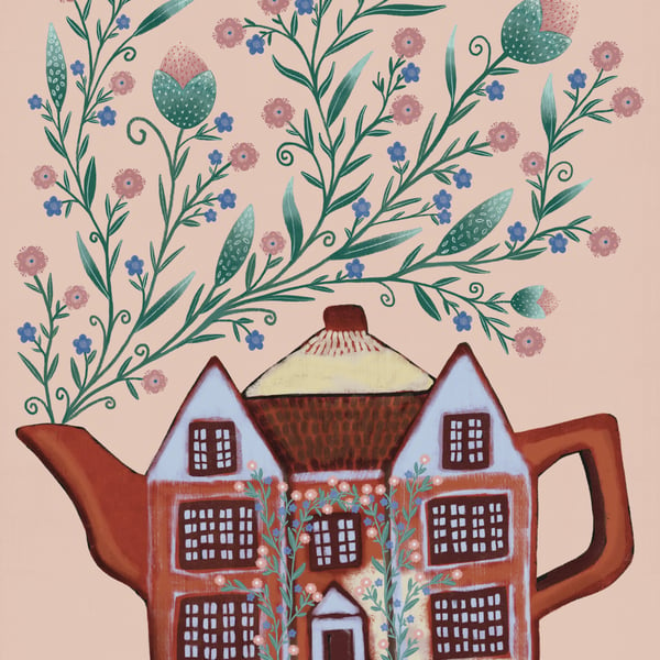 Cottage Teapot,  blank greetings card 