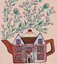 Cottage Teapot,  blank greetings card 