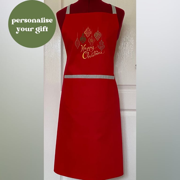 Chef Style Apron In Red Embroidered with 'Happy Christmas' and Baubles
