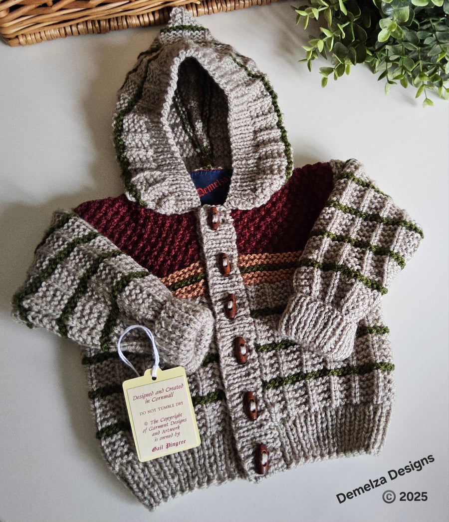 Designer Boys Hand Knitted Hooded Jacket 3-9 months size