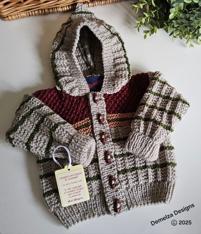 Designer Boys Hand Knitted Hooded Jacket 3-9 months size