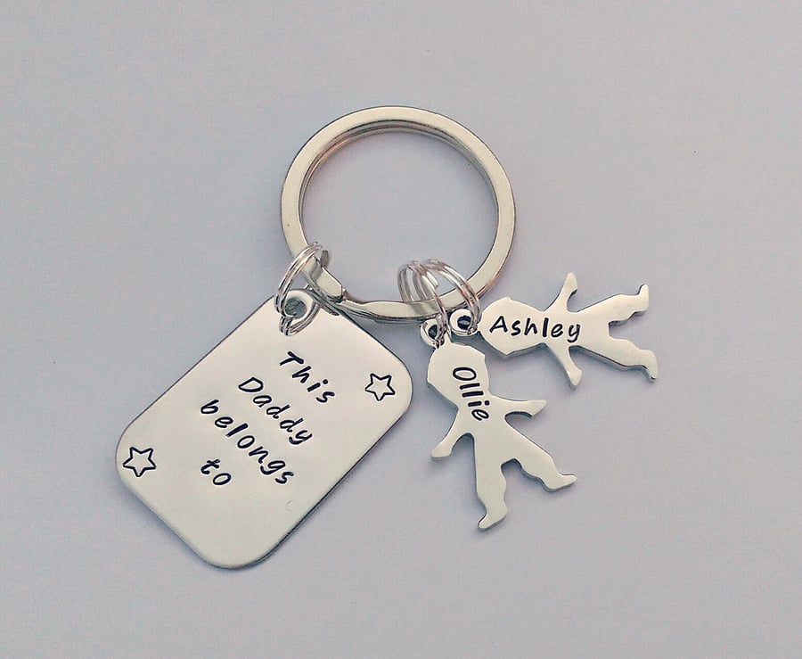 Hand stamped personalised This Daddy belongs to .... Keyring