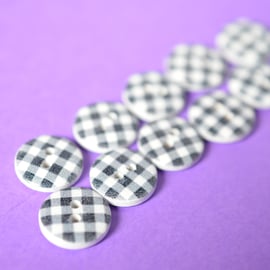 15mm Wooden Check Buttons Black & White 10pk Checked Plaid Gingham (SCK4)