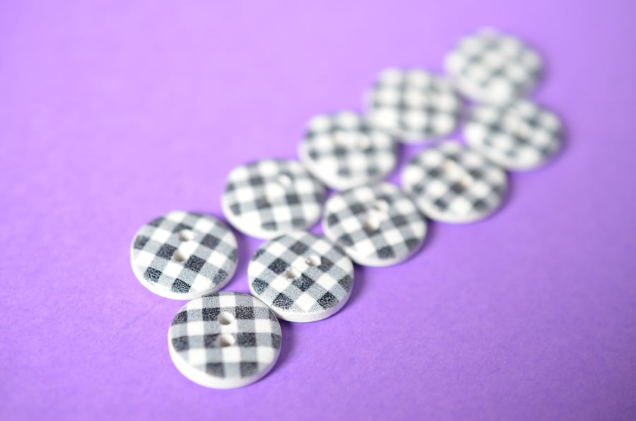 15mm Wooden Check Buttons Black & White 10pk Checked Plaid Gingham (SCK4)