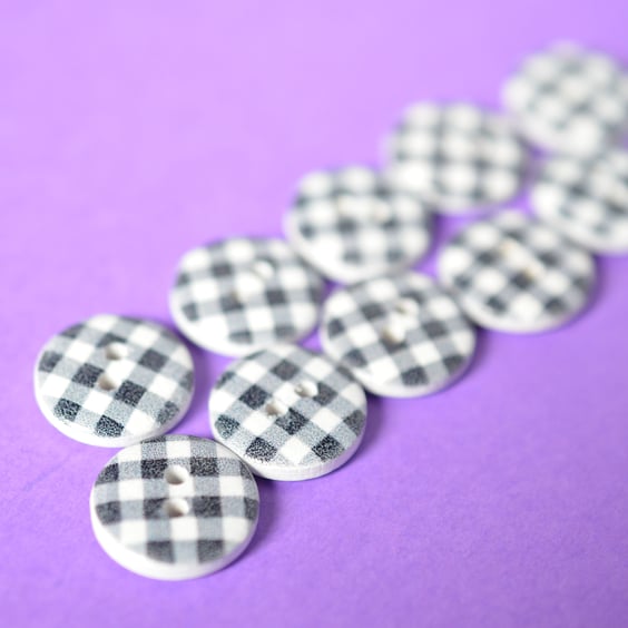 15mm Wooden Check Buttons Black & White 10pk Checked Plaid Gingham (SCK4)