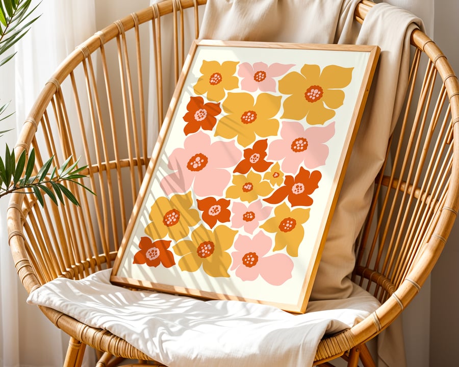Retro Floral Art Print – Warm Vintage-Inspired Flower Wall Decor