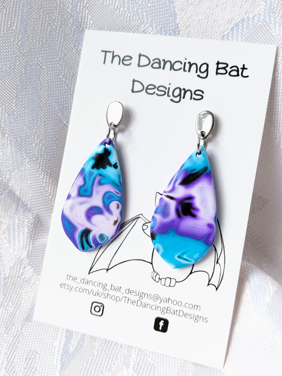 Purple and Blue Teardrop Shape Earrings with Dangle Drop Posts, Polymer Clay