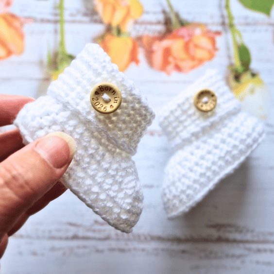 Born In 2026 Crochet Baby Booties with Button – Handmade Newborn Gift