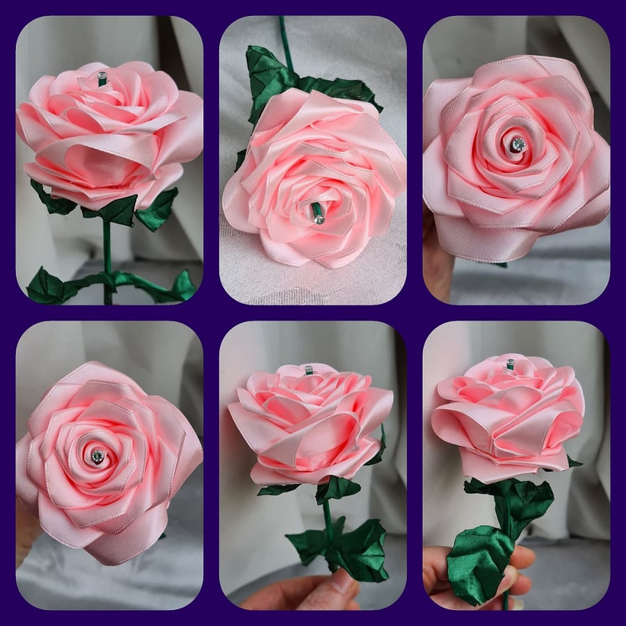 Gorgeous Handmade Baby Pink Ribbon Rose - Long Stem Artificial Flower Gift.