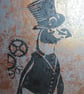 Steampunk Penguin One off Hand-Pulled Linocut & Gelli Print Copper - Image 4