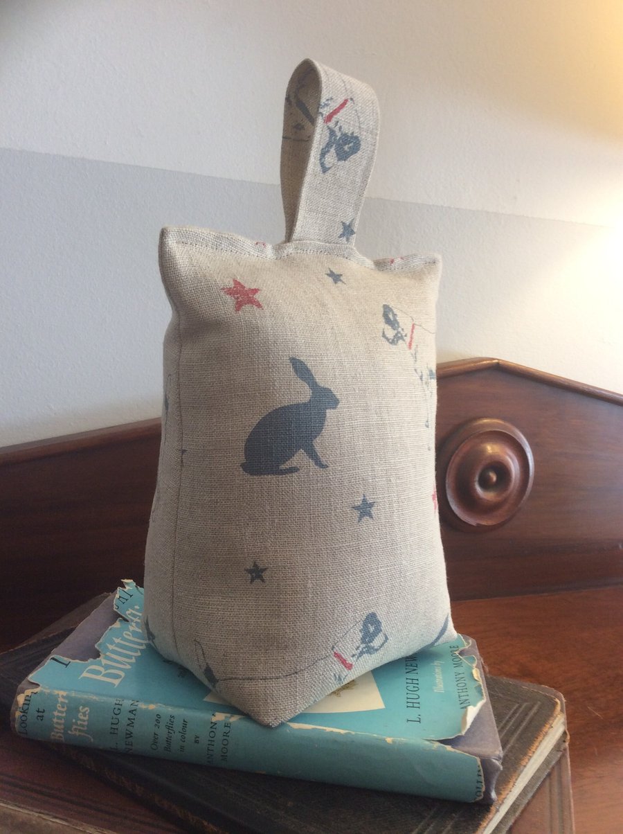 Peony and Sage hand screen printed flax linen featuring Jack Russell dogs, hares