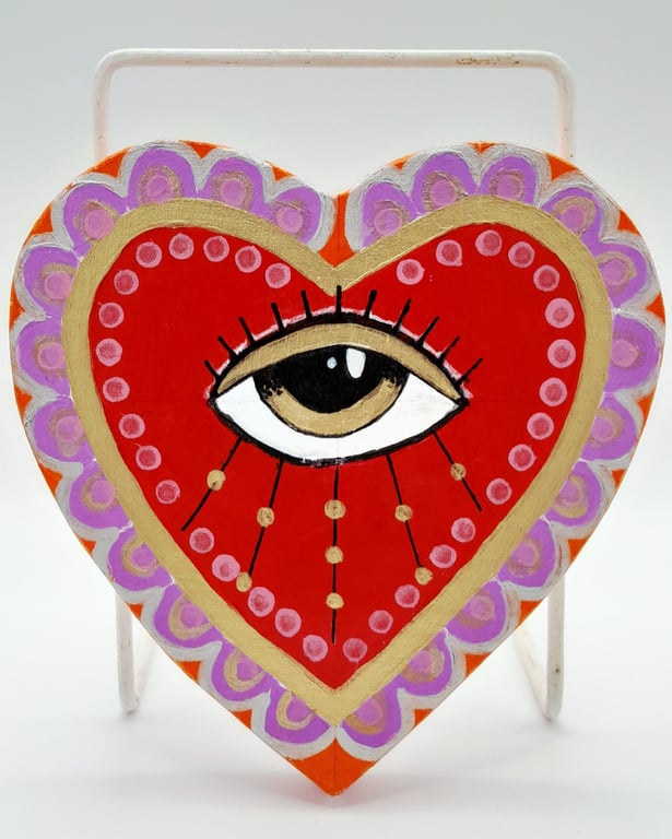 Sacred Heart Wall Art, Hand Painted All Seeing Eye on Wood, Protection Charm