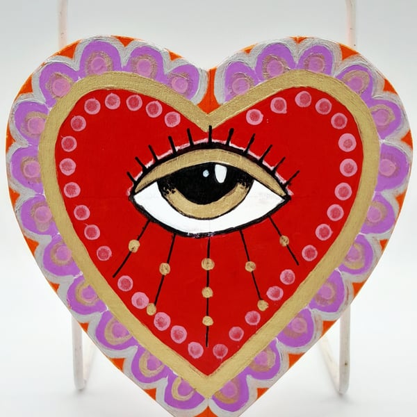 Sacred Heart Wall Art, Hand Painted All Seeing Eye on Wood, Protection Charm
