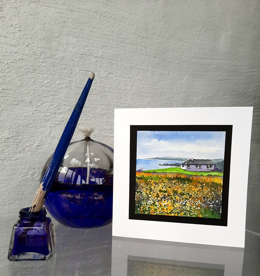 Yellow Flags. Handpainted Blank Greetings Card.  Scotland Gift. Scottish Scene