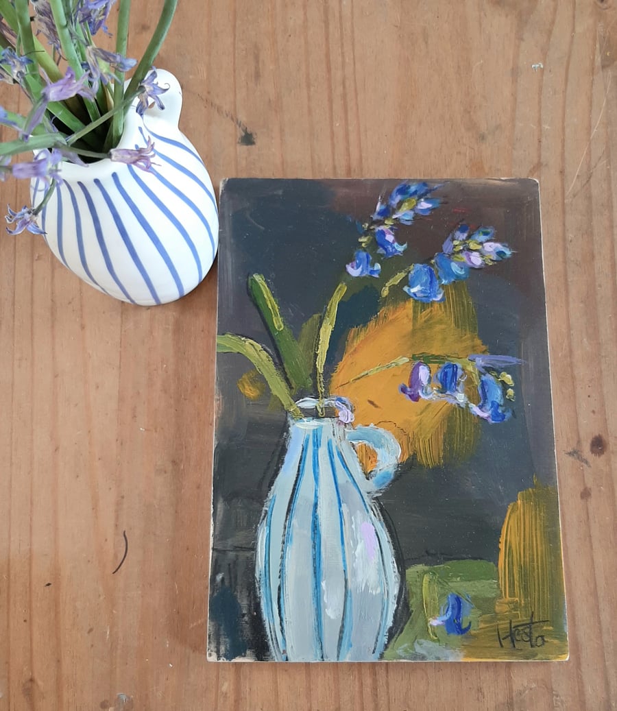 Vase of bluebells. Contemporary still life painting 