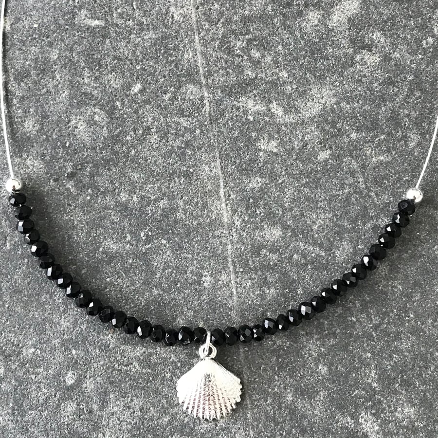 Black onyx gemstone bead necklace with sterling silver shell charm 