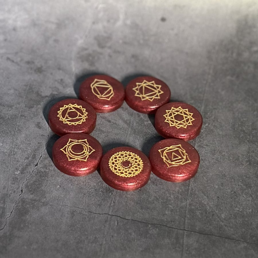 7 Stone Chakra Set in Deep Red and Gold with Storage Box 