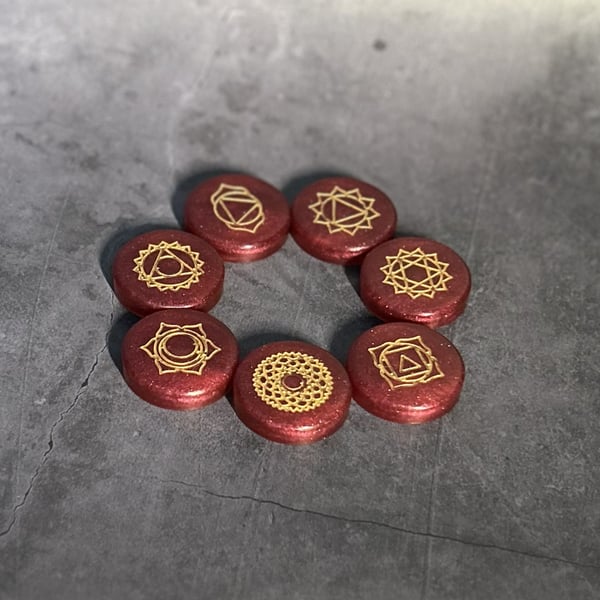 7 Stone Chakra Set in Deep Red and Gold with Storage Box 