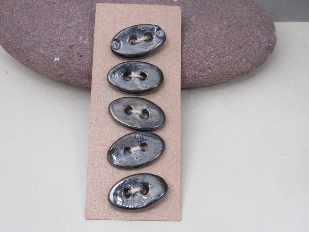 5 Small Oval Metallic Pewter Ceramic Buttons