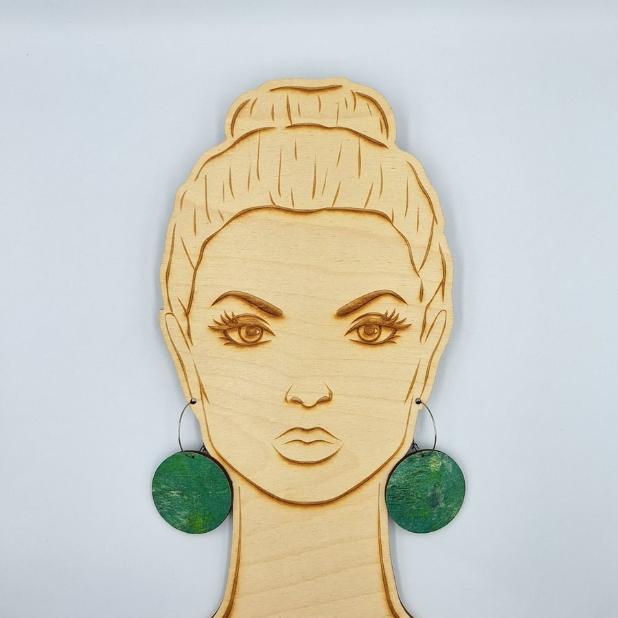 Green wooden disc earrings with a touch of white and yellow