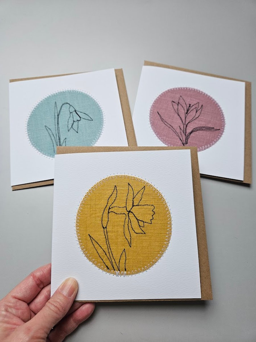 Collection of 3 handmade embroidered Spring cards - daffodil, crocus, snowdrop