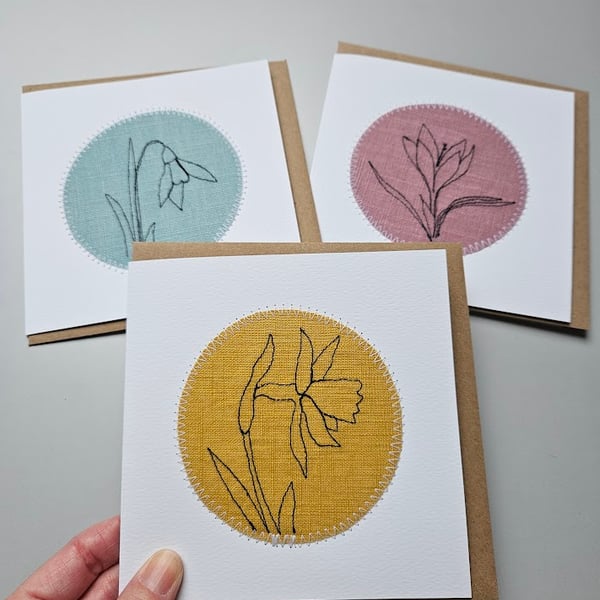 Collection of 3 handmade embroidered Spring cards - daffodil, crocus, snowdrop