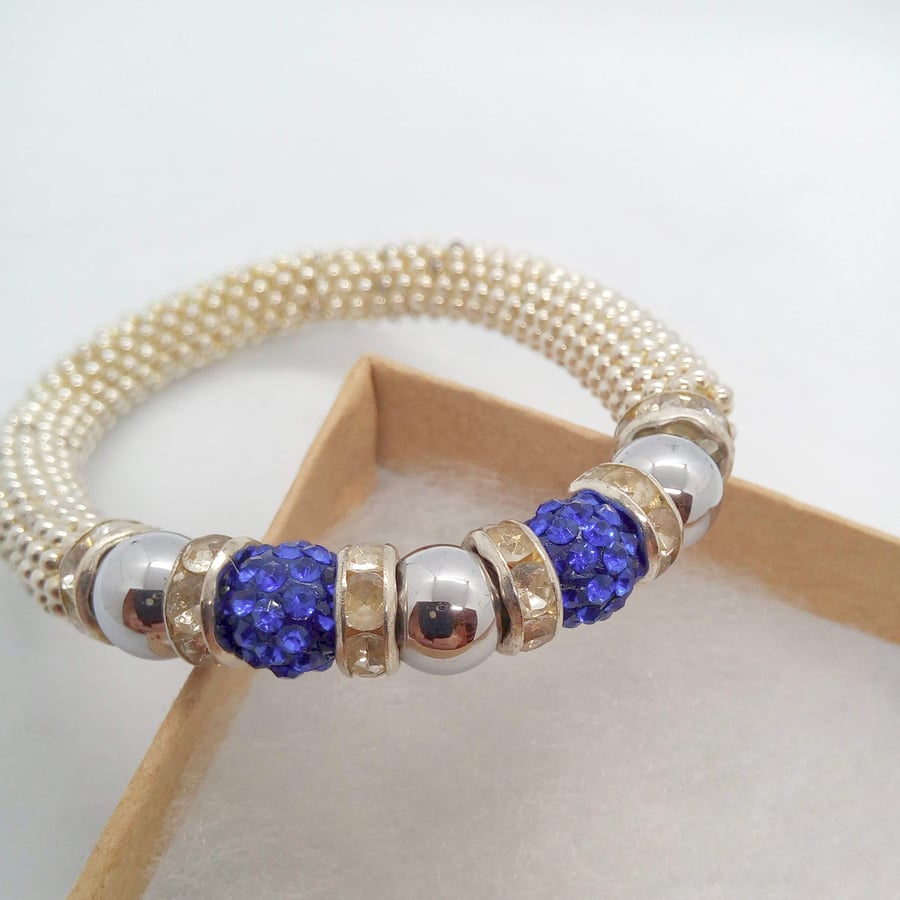 Deep Blue Shamballa Bead and Round Hematite Bead Snowflake Bracelet