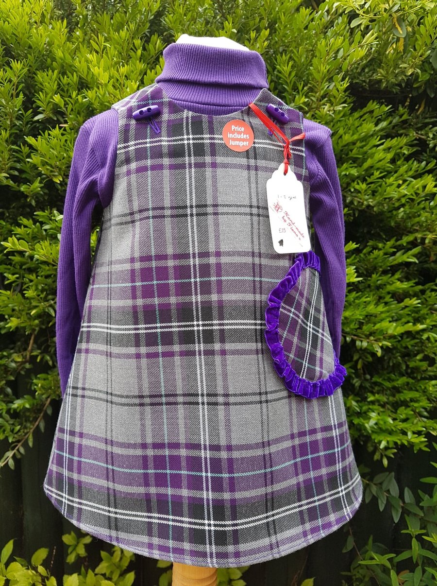 Age: 1-2y. Purple check tartan lined pinafore dress. 