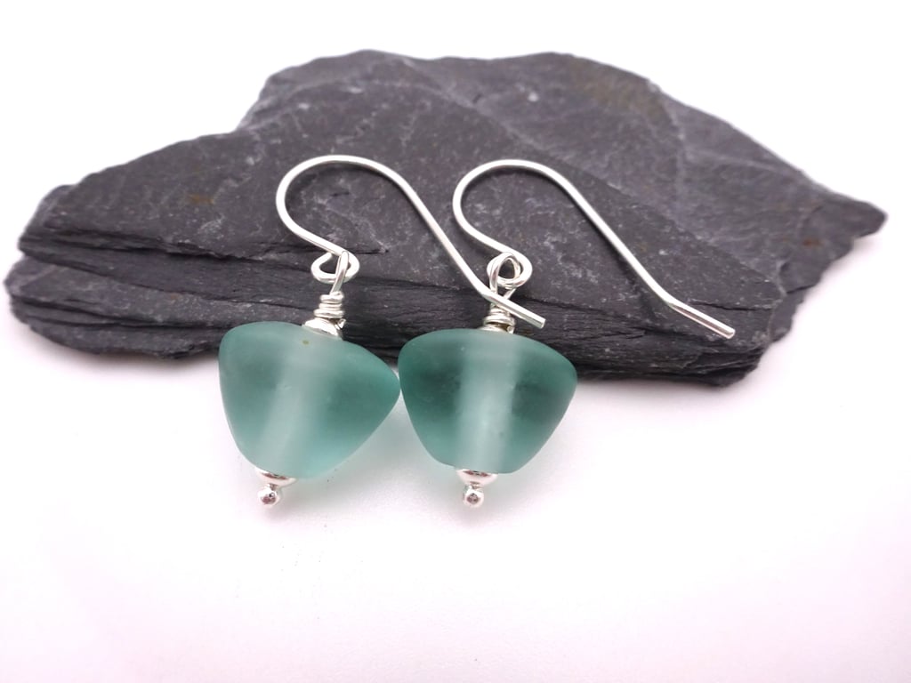 aqua frosted lampwork glass cone earrings