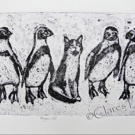 Penguin Cat Limited Edition Original Collagraph Print Art Animals