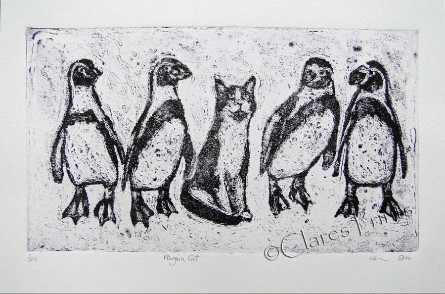 Penguin Cat Limited Edition Original Collagraph Print Art Animals