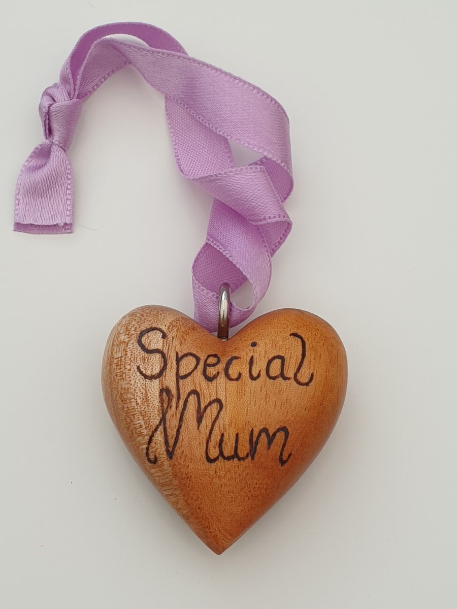 Special mum and butterfly double-sided wood burned wooden hanging heart